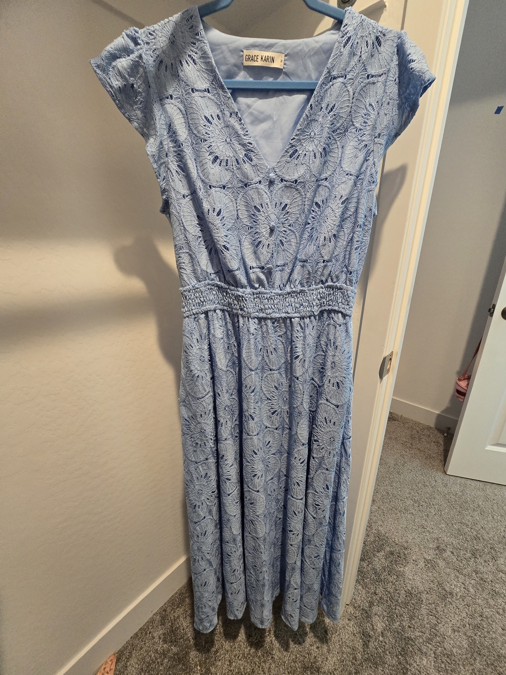 Grace Karin Light Blue Floral Lace Maxi Dress with V-Neck